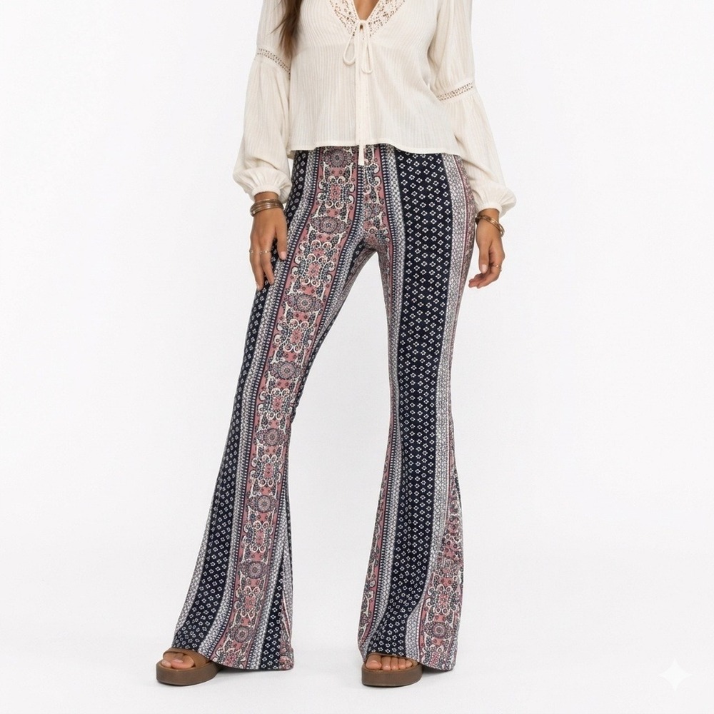 Arabella Woman Boho Mixed Print Flare Pants Bell Bottom Navy Pink XS/S